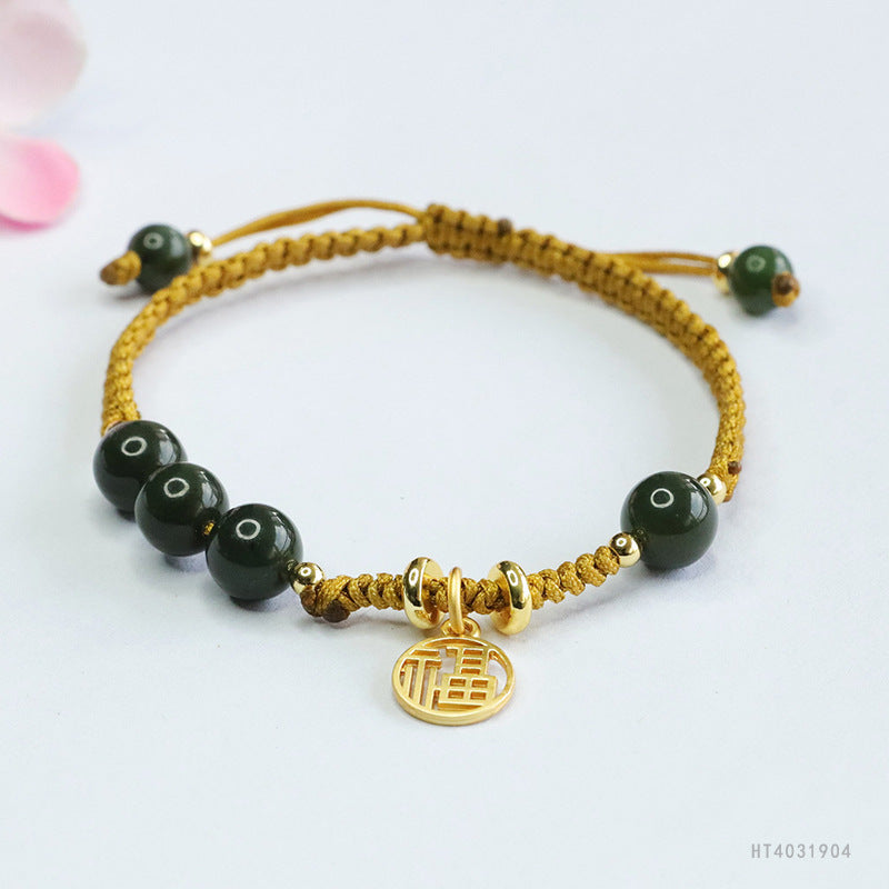 Hetian Jasper Fortune Charm Cord Bracelet