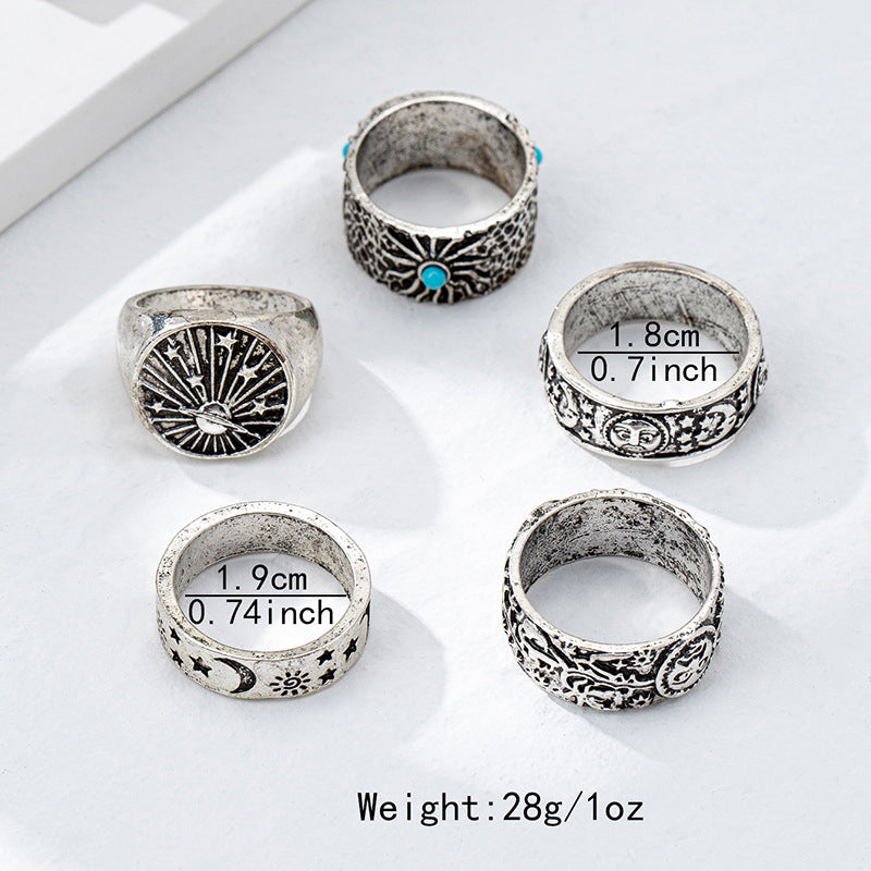 Retro Metal Star Moon Sun Flower Ring Set for Women