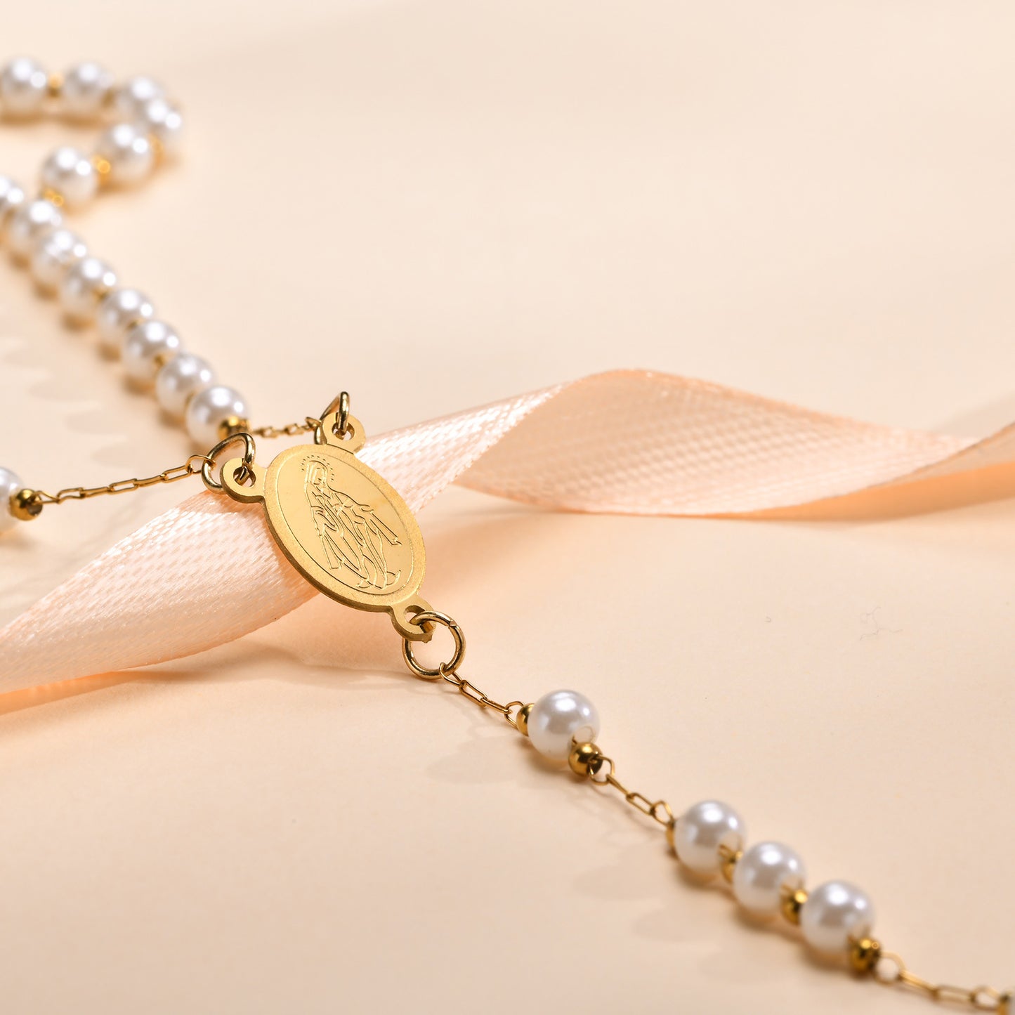 Ladies Stainless Steel Virgin Mary Cross Beaded Necklace Gold