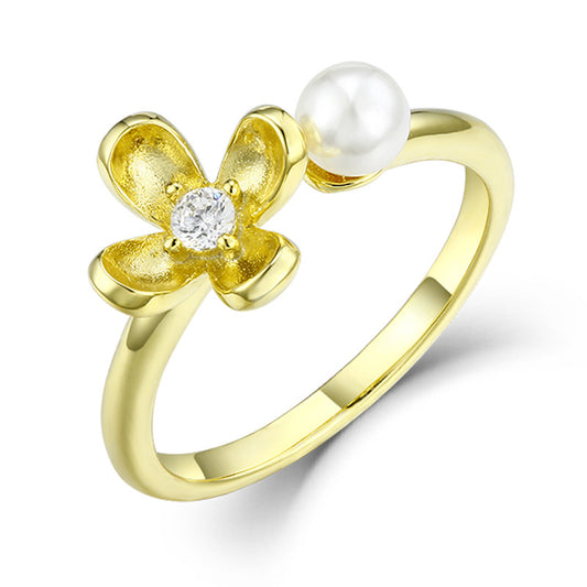 Laurel Flower Pearl Zircon Sterling Silver Ring