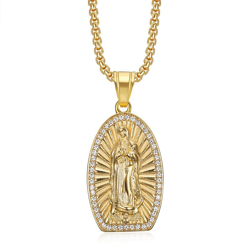 Planderful Virgin Mary Pendant Necklace Titanium Steel Gold Plated Rhinestones For Hip Hop Fans