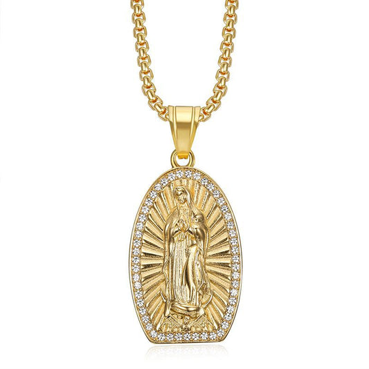 Planderful Virgin Mary Pendant Necklace Titanium Steel Gold Plated Rhinestones For Hip Hop Fans