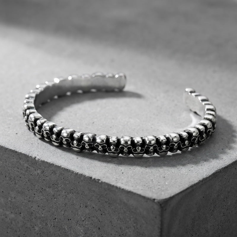 Gothic Little Skull Layered Casting Open Bracelet Sun – Moon & Stars Engraved