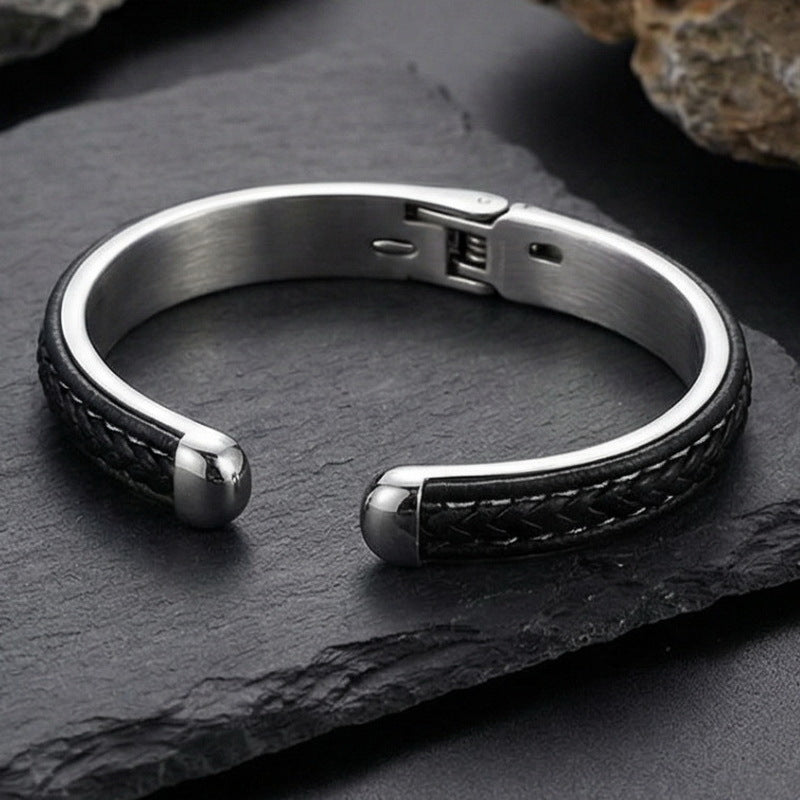 Design Atmospheric Braided Leather Stainless Steel C-Open Bracelet Men's