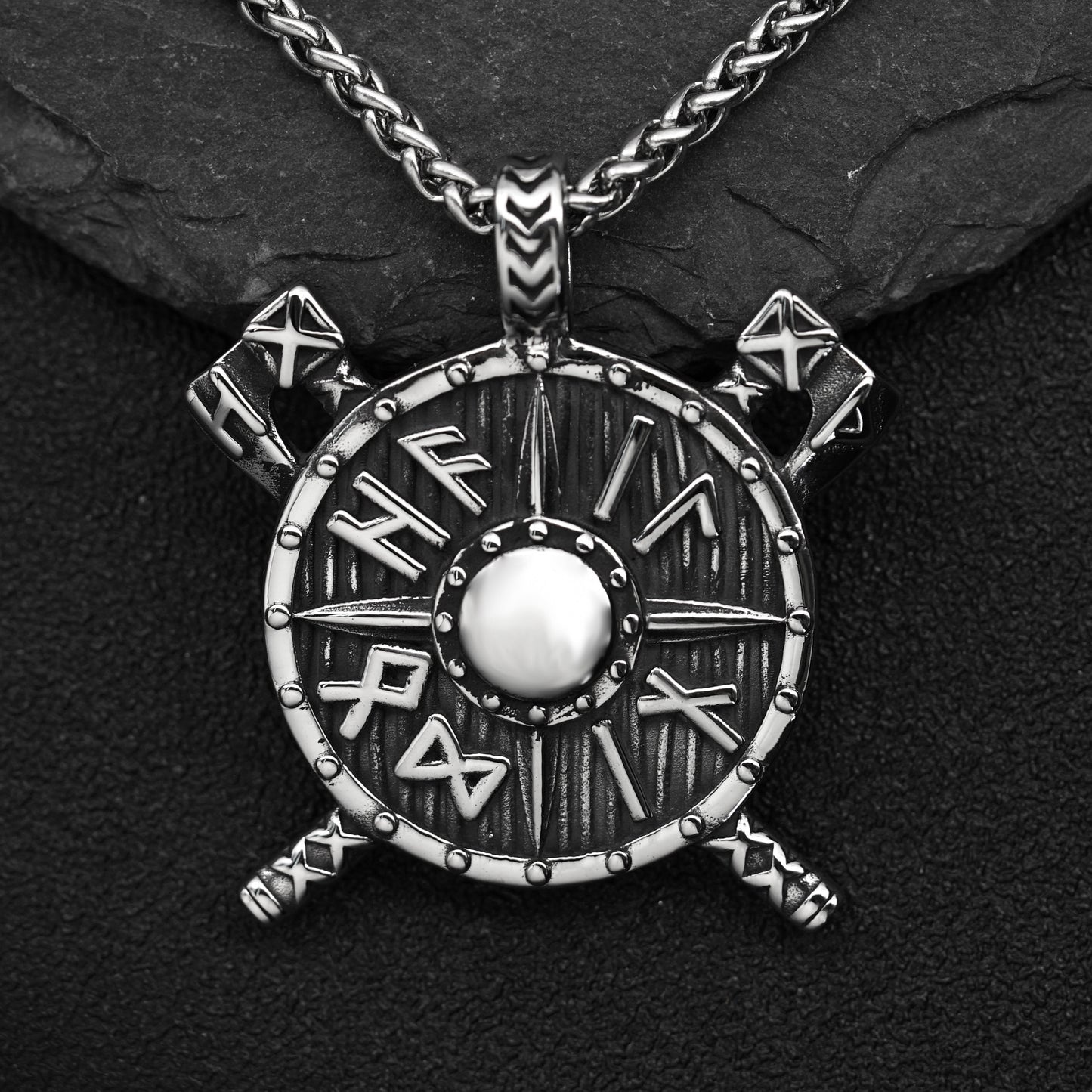 Steel Necklace - Vintage Viking Shield Pendant For Men By Planderful Everyday Genie Collection