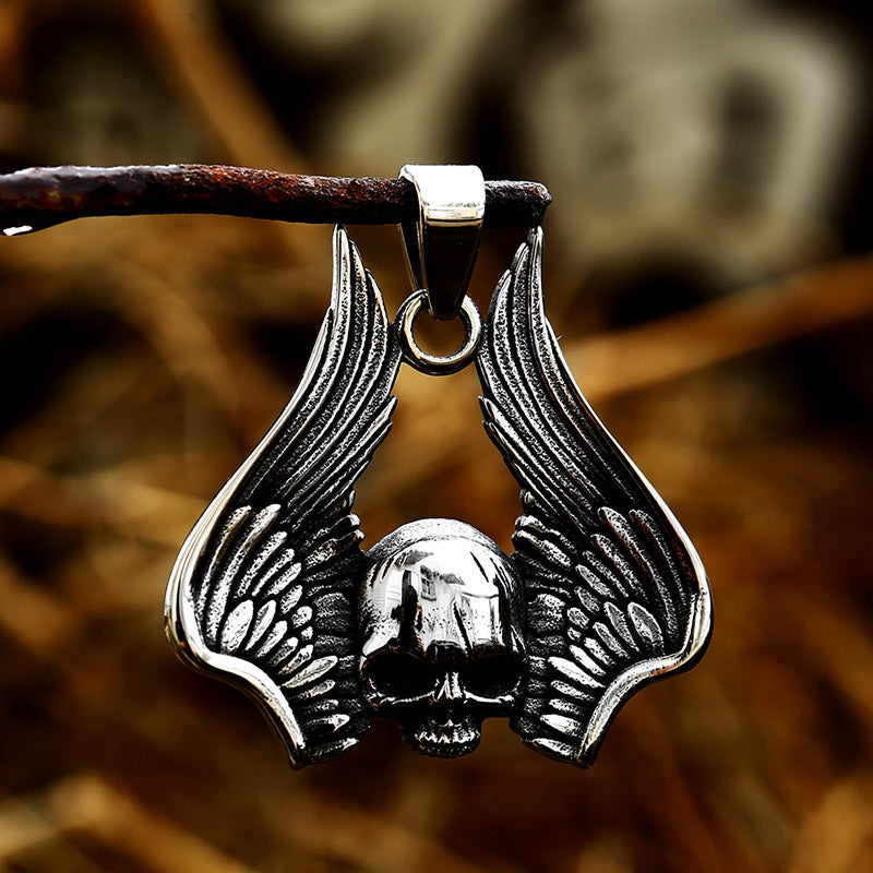 Titanium Steel Retro Skull Pendant with Wings - European American Men's Jewelry