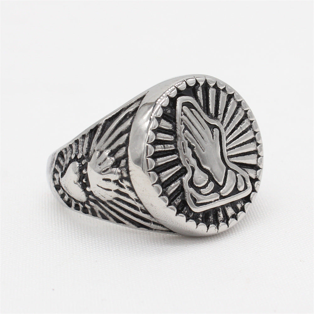 Rustic Prayer Hand Men's Titanium Steel Ring - Wholesale Foreign Trade Jewelry