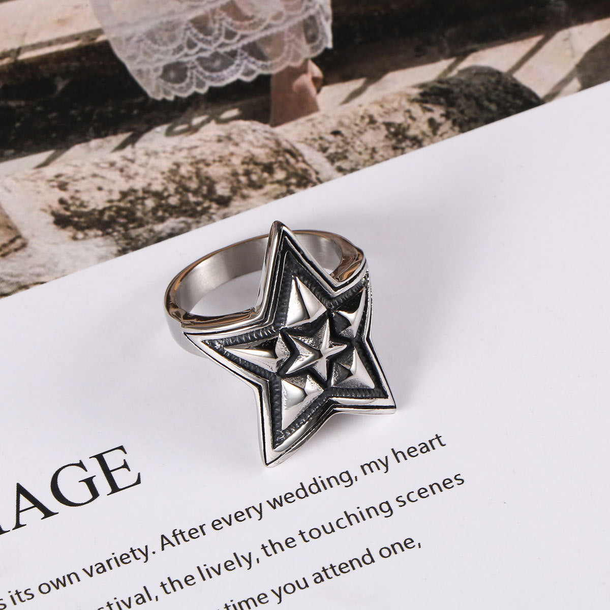 Punk Retro Titanium Steel Ring Mens Pentagram Rock Ring