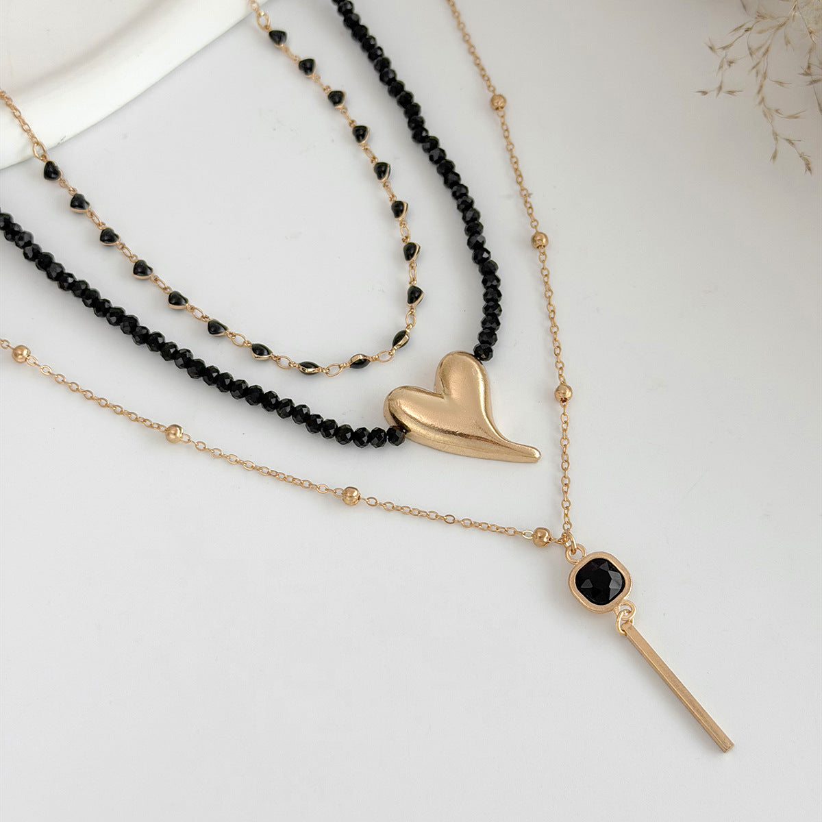 Black & Gold Heart Crystal-Style Necklace