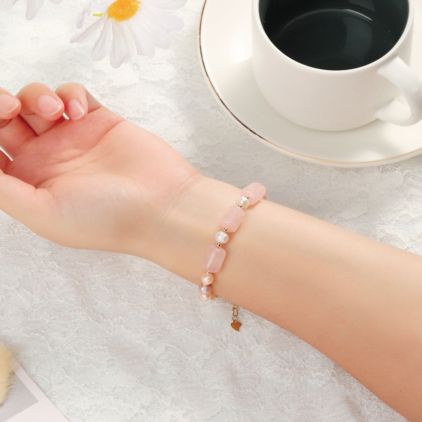 Peach Blossom Freshwater Pearl Bracelet with Gold Wrapped Crystal Barrel