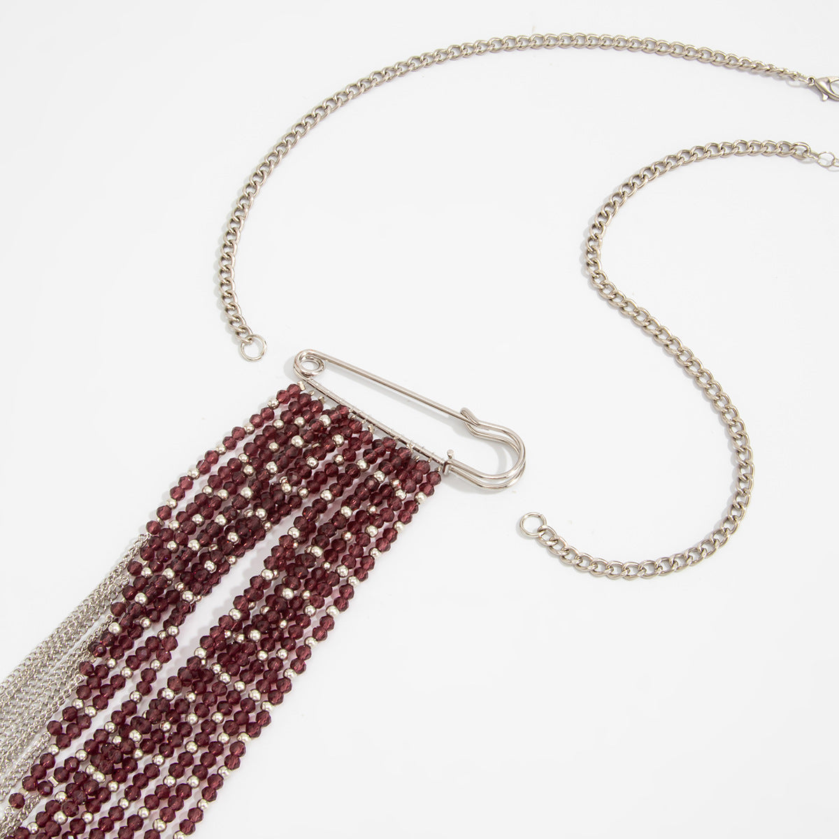Tie-Shaped Bead Fringe Necklace & Pin