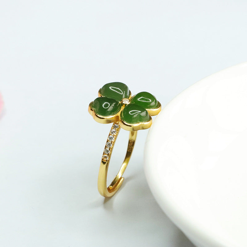 925 Sterling Silver Hetian Jasper Clover Ring