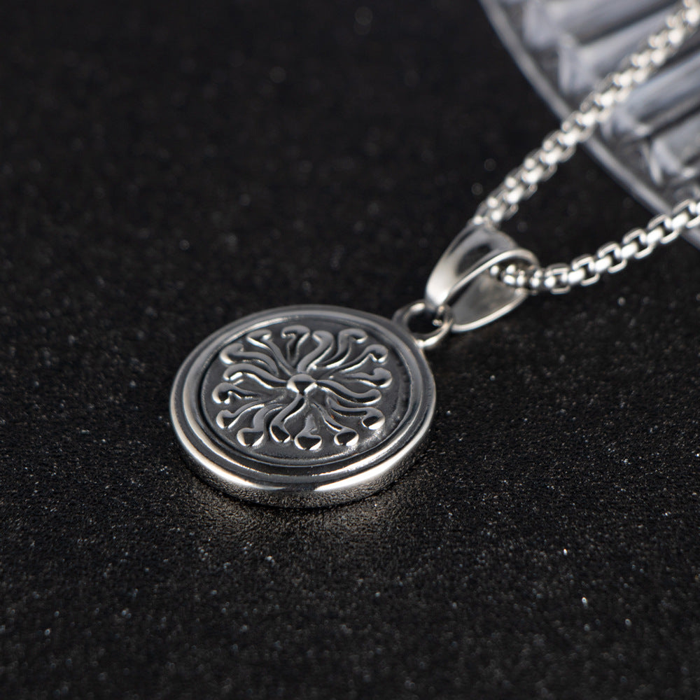 Hip-Hop Style Stainless Steel Round Pendant Necklace for Men - European and American Design
