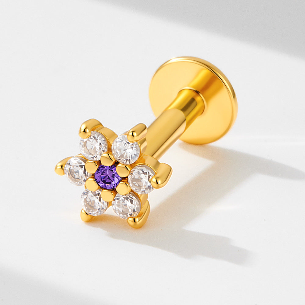 S925 Sterling Silver Star Flower Inlaid Zircon Cartilage Spiral Puncture Stud Earrings Stacked