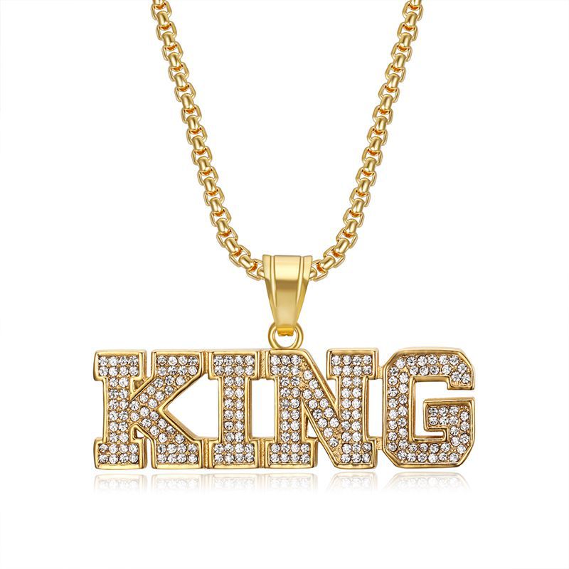 Planderful Hip Hop Jewelry King Pendant Necklace Gold Plated Zircon Titanium Steel For Urban Style Enthusiasts