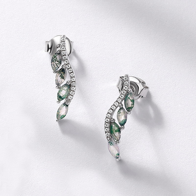S925 Sterling Silver Moss Agate Minimalist Drop Earrings