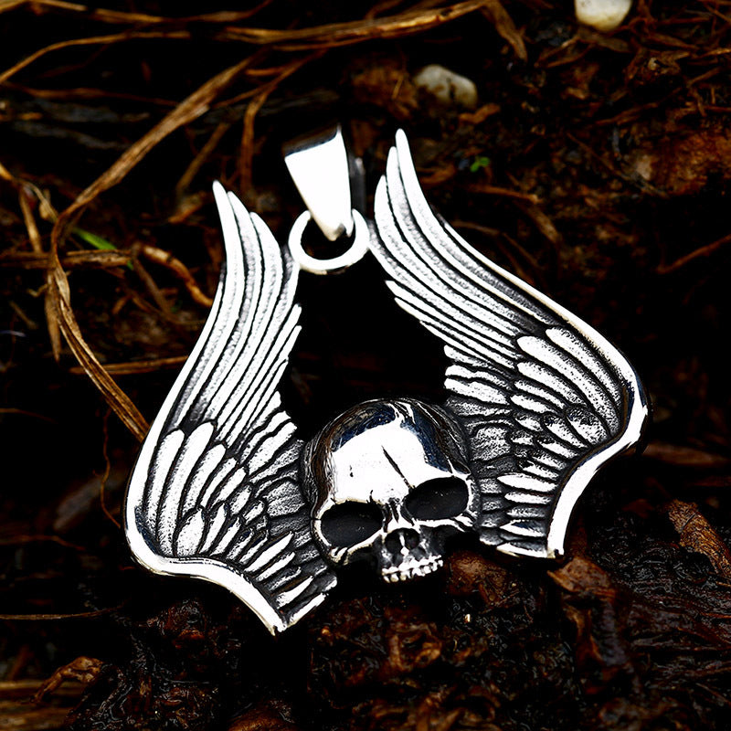 Titanium Steel Retro Skull Pendant with Wings - European American Men's Jewelry