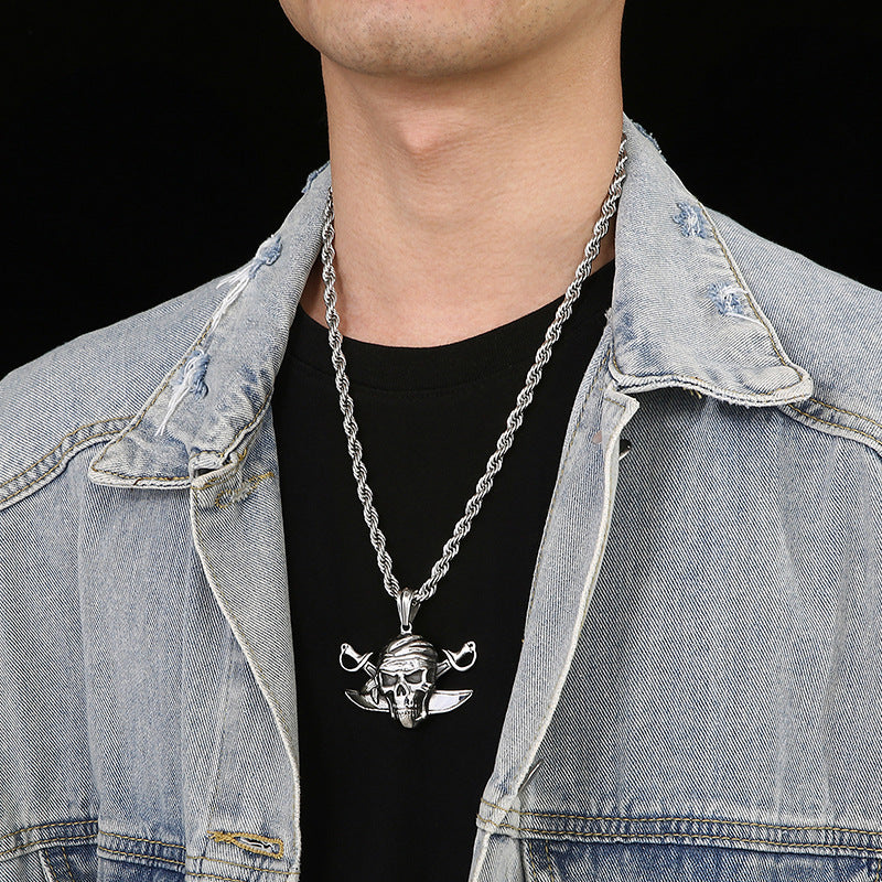 Trendy Men's Titanium Steel Skull Pendant - European, American & Caribbean Pirate Captain Design