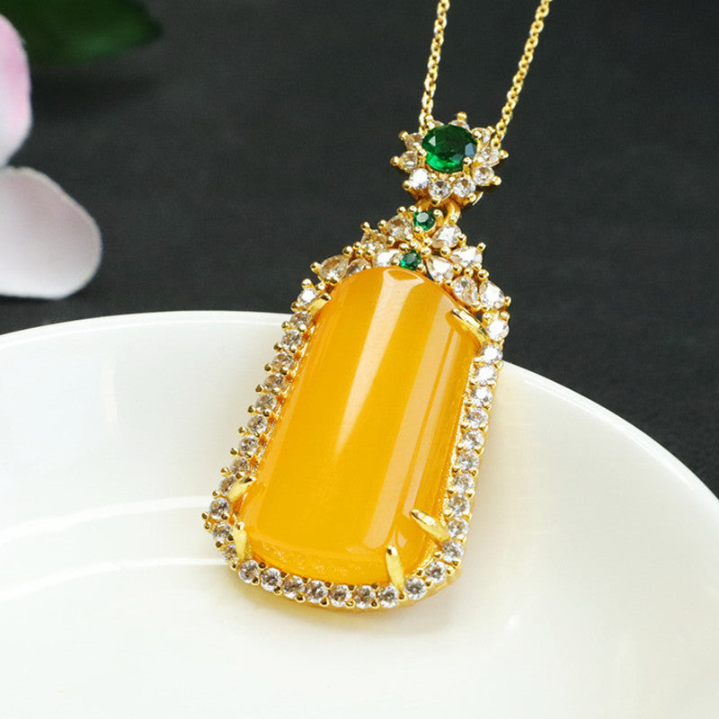 Golden Necklace with Yellow Chalcedony Pendant and Zircon Jewelry