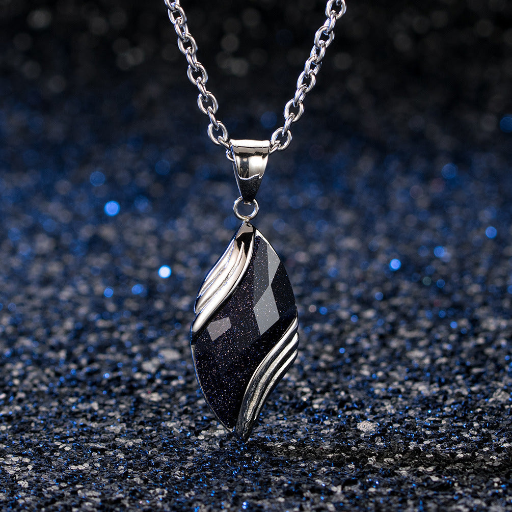 Planderful Blue Sandstone Necklace For Men With Leaf Pendant Titanium Steel Fade Resistant