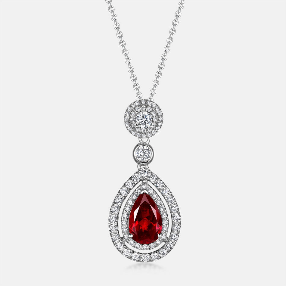 S925 Sterling Silver Lab-Grown Ruby Teardrop Pendant Necklace
