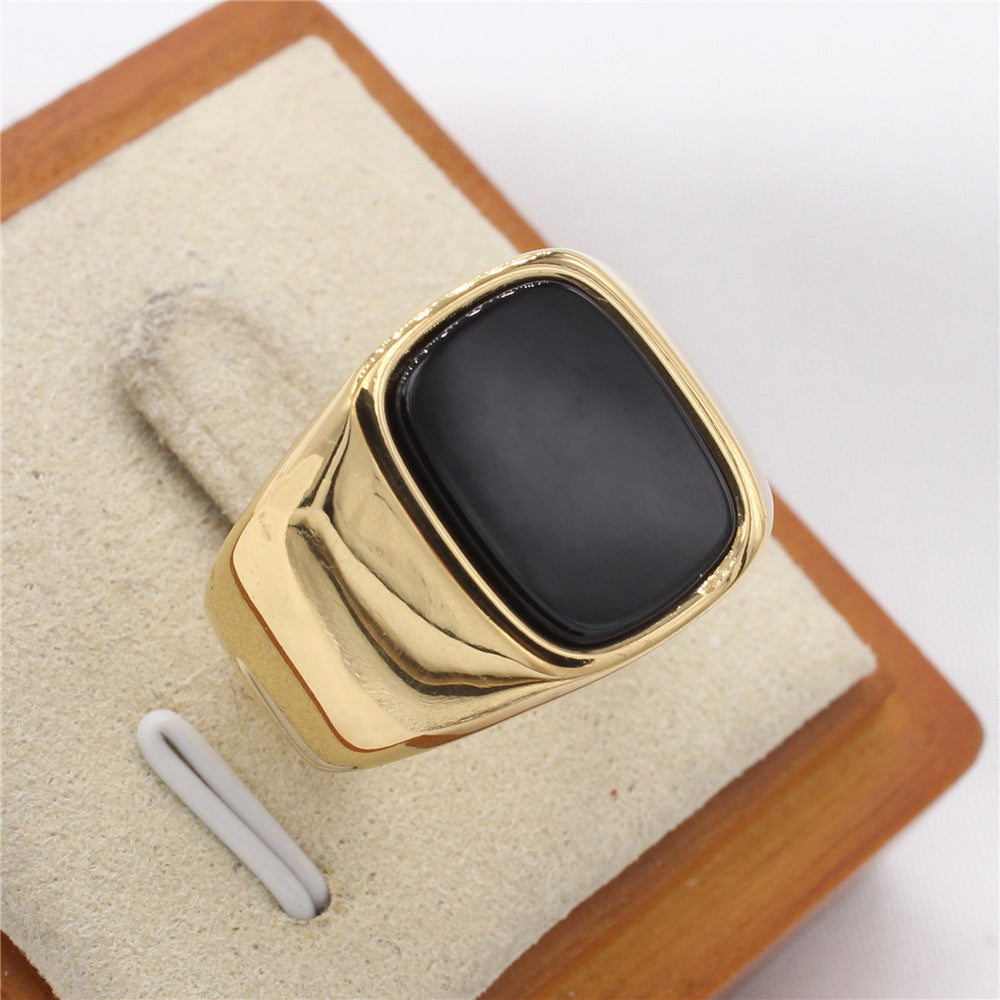 Planderful Everyday Genie Titanium Steel Ring for Men and Unisex Black Stone Rectangular Modern Protection