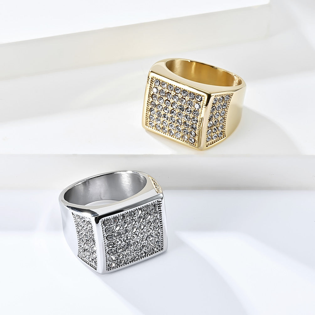 Planderful Mens Hip Hop Titanium Steel Ring Gold Plated Zircon Bold Statement Jewelry For Him