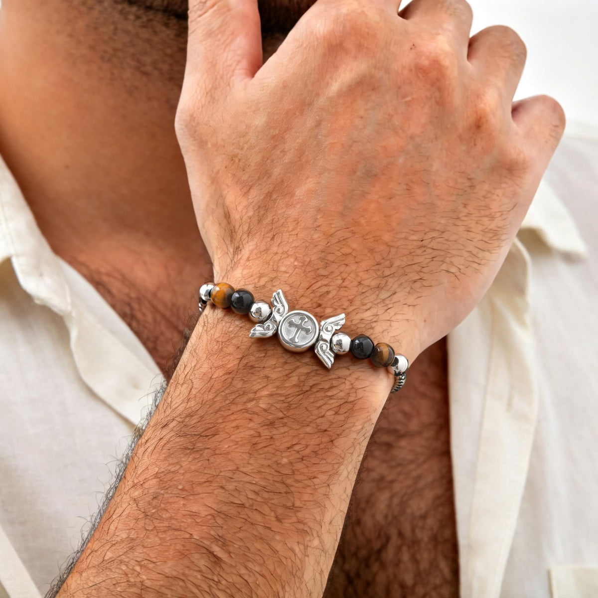 Cross Natural Stone Vintage Stainless Steel Bracelet for Men