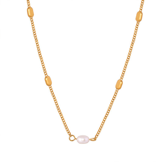 Elegant Freshwater Pearl Pendant Necklace in Titanium Steel Gold-Plating