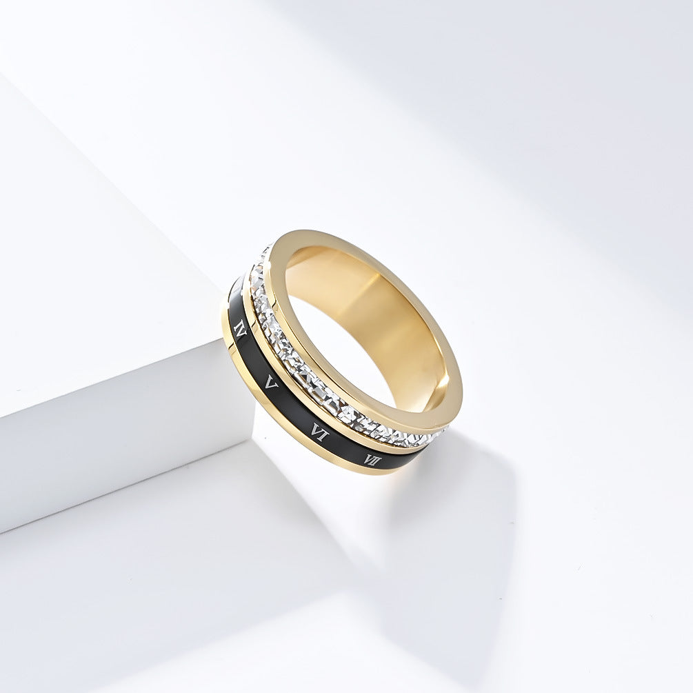 Light Luxury Full Square Zircon Roman Numerals Titanium Steel Ring