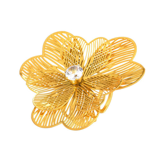 Sweet Girl Stainless Steel Zircon Flower Hollow Open Ring Gold Plated