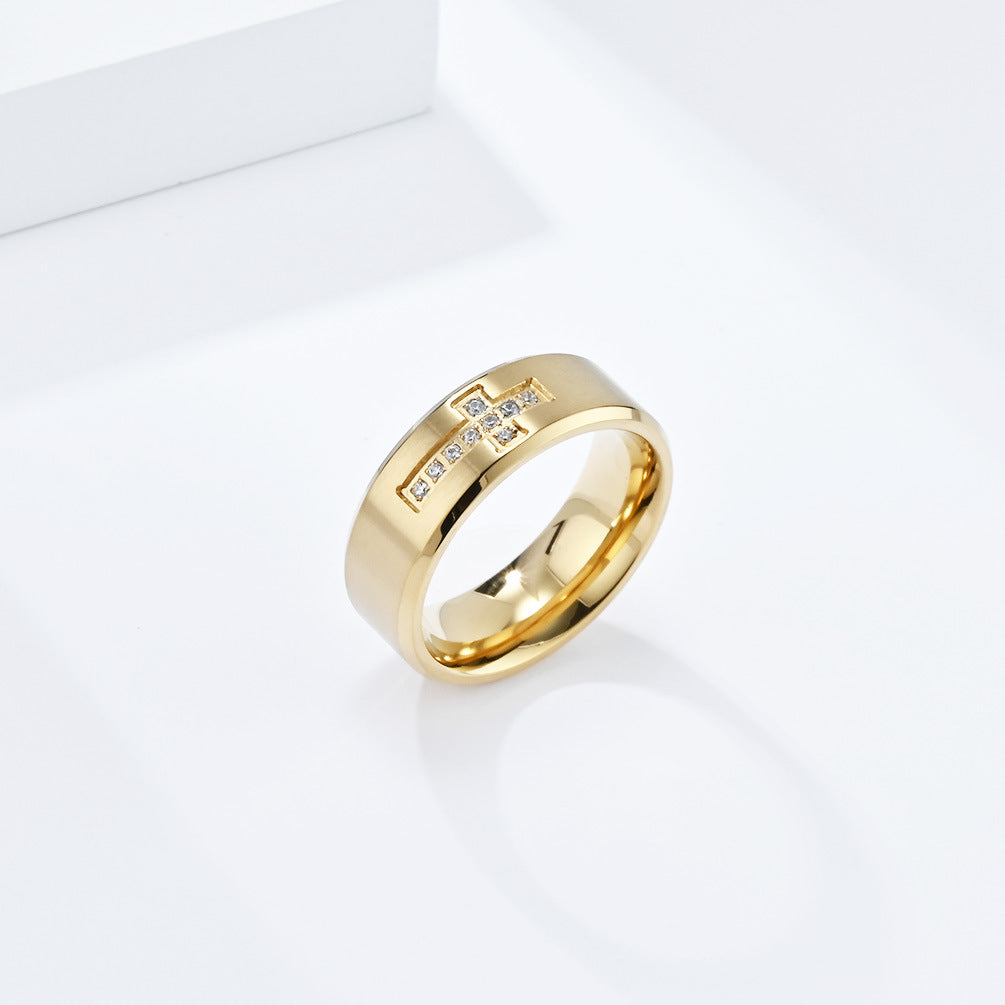European And American Style Engraving Inlaid Zircon Cross Ring