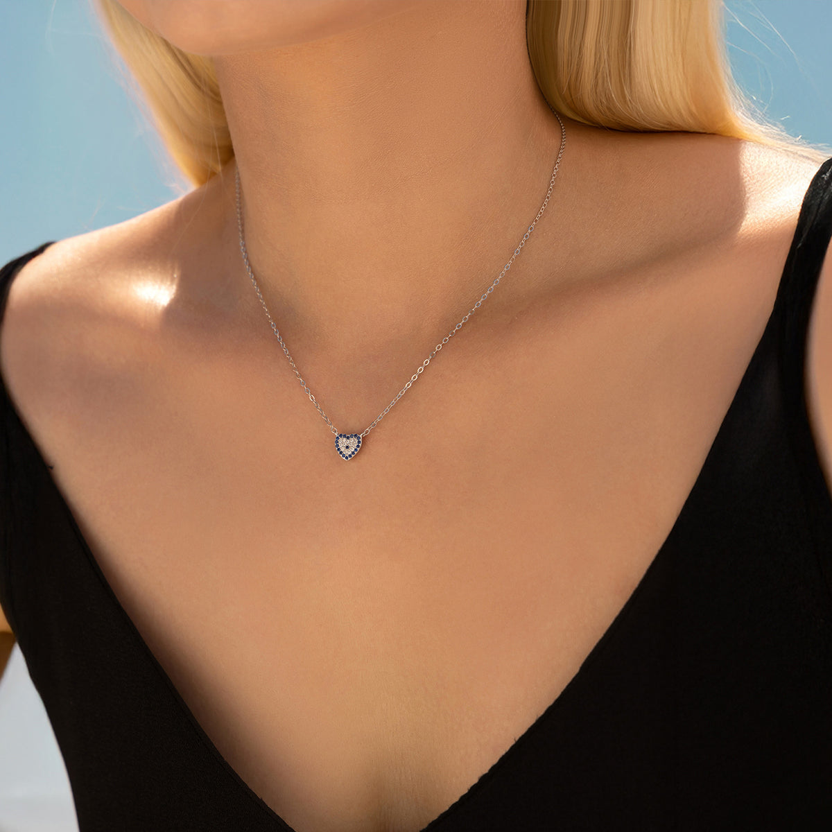 925 Sterling Silver Blue Heart Zircon Necklace