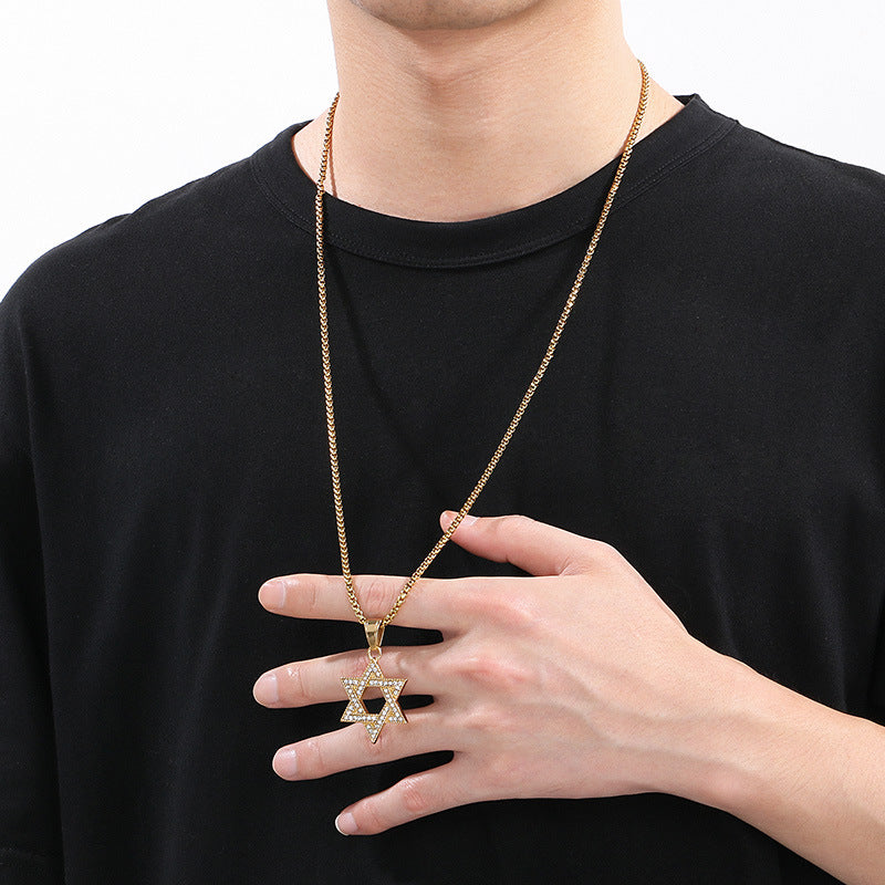 Dance Sweater Chain Pendant, Street Studded With Diamond Hexagram Stainless Steel Men's Pendant Necklace