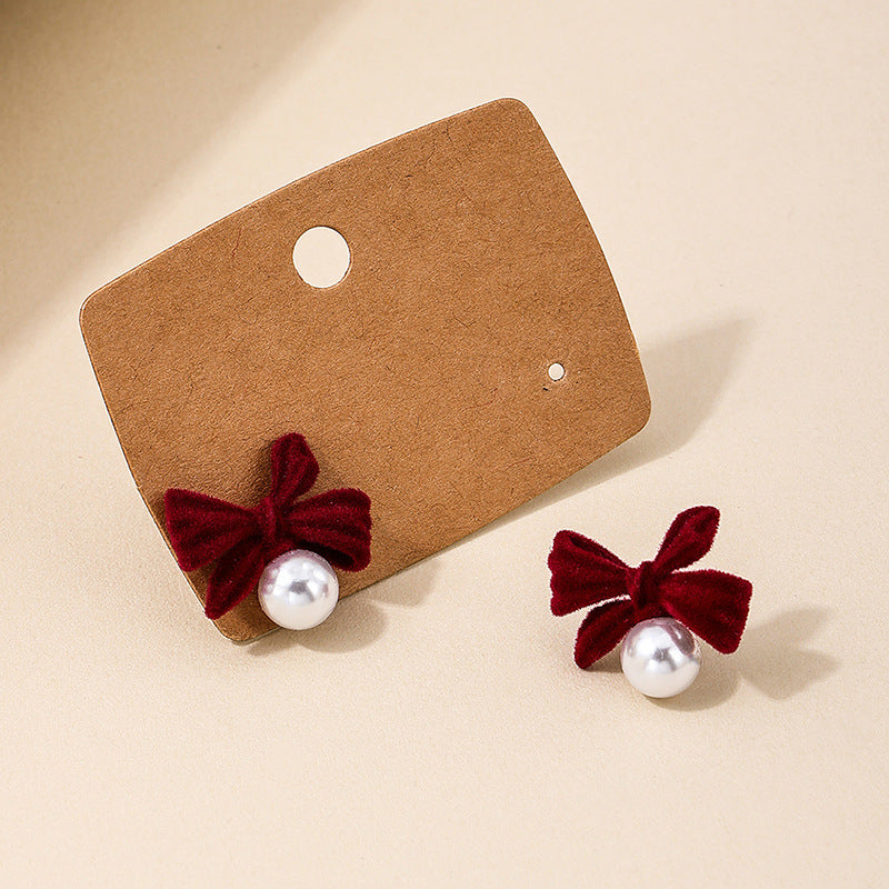 Romantic Vintage Red Velvet Bow Earrings with Pearl Accents