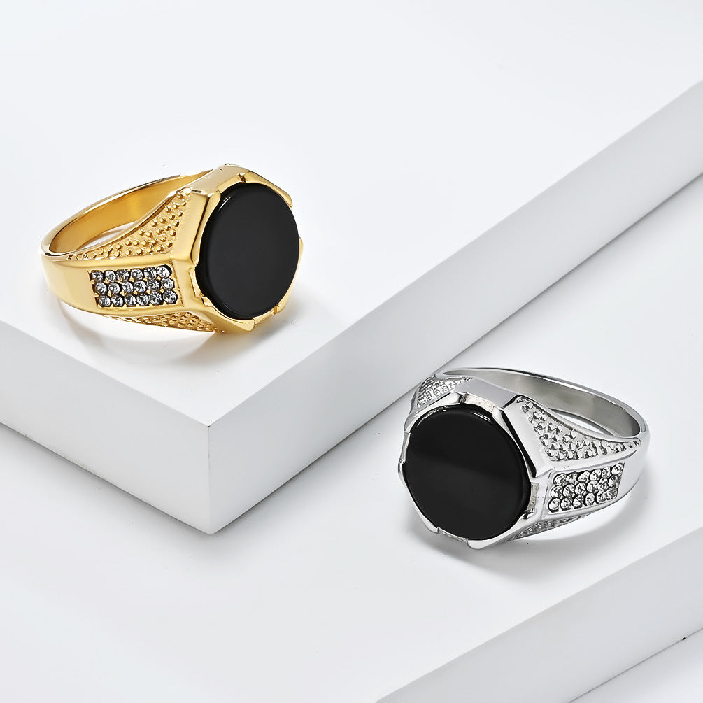 Planderful Mens Geometric Titanium Steel Ring With Black Gem Inlay For Modern Luxury Jewelry