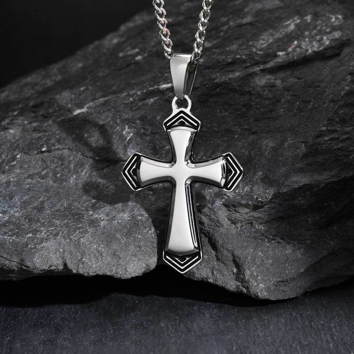 Stainless Steel Baked Black Lacquer Cut Cross Pendant Necklace