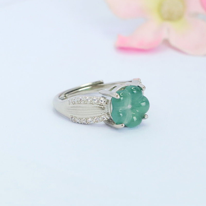 Blue Water Jadeite Four-Leaf Clover 10 mm Ring