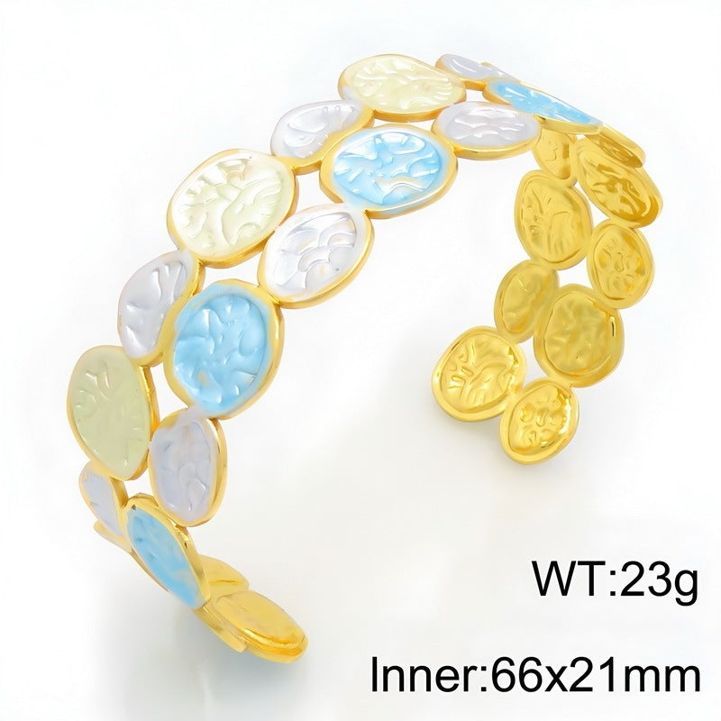 Oval Texture Pearlescent Gradual Change Opening Stainless Steel Bracelet Vacation Style