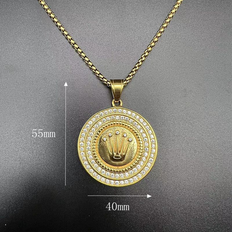 Planderful Premium Hip Hop Necklace Titanium Steel Rhinestone Crown Pendant Three Bead For Men And Women
