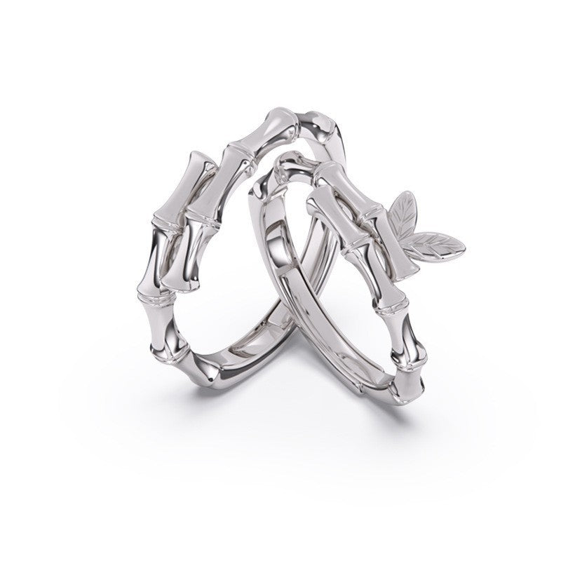 S925 Sterling Silver Bamboo Leaf Couple Ring — Adjustable