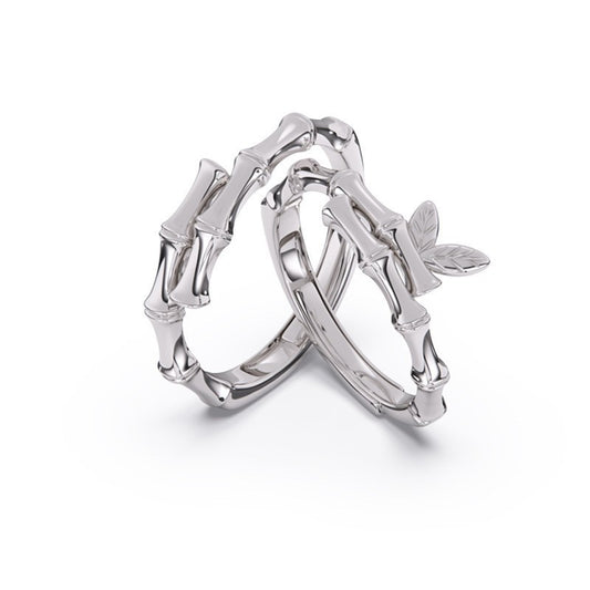 S925 Sterling Silver Bamboo Leaf Couple Ring — Adjustable