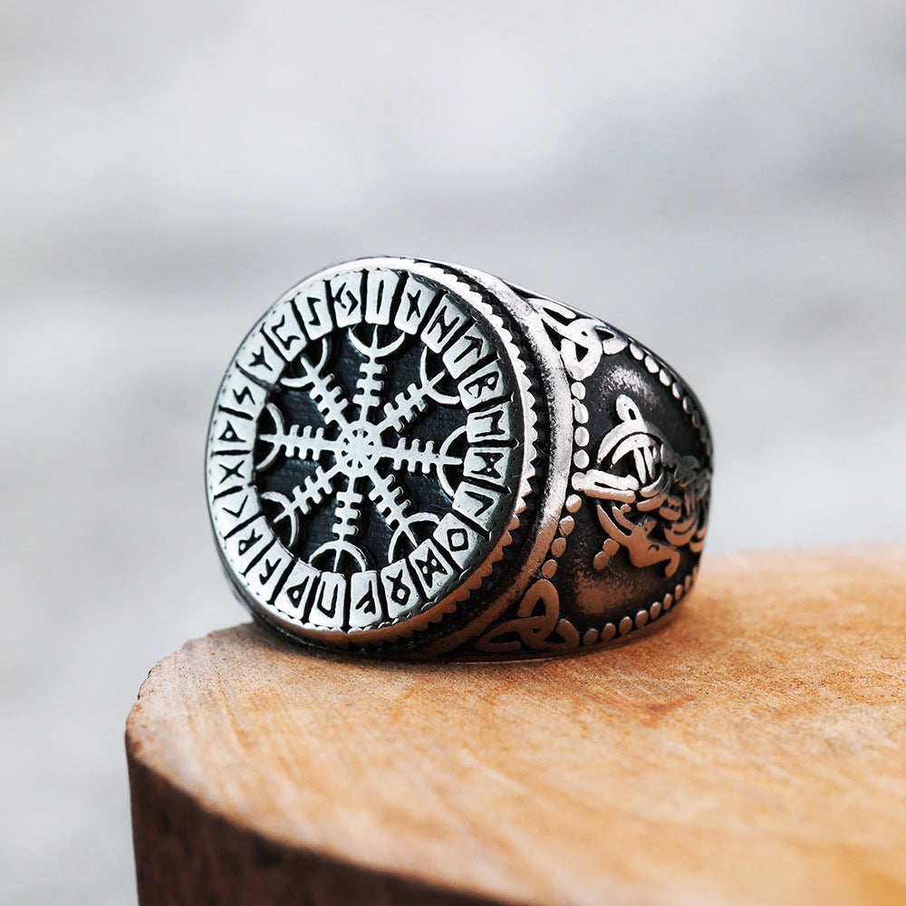 European And American Jewelry Wholesale Men's Titanium Steel Ring Viking Snowflake Compass Rune