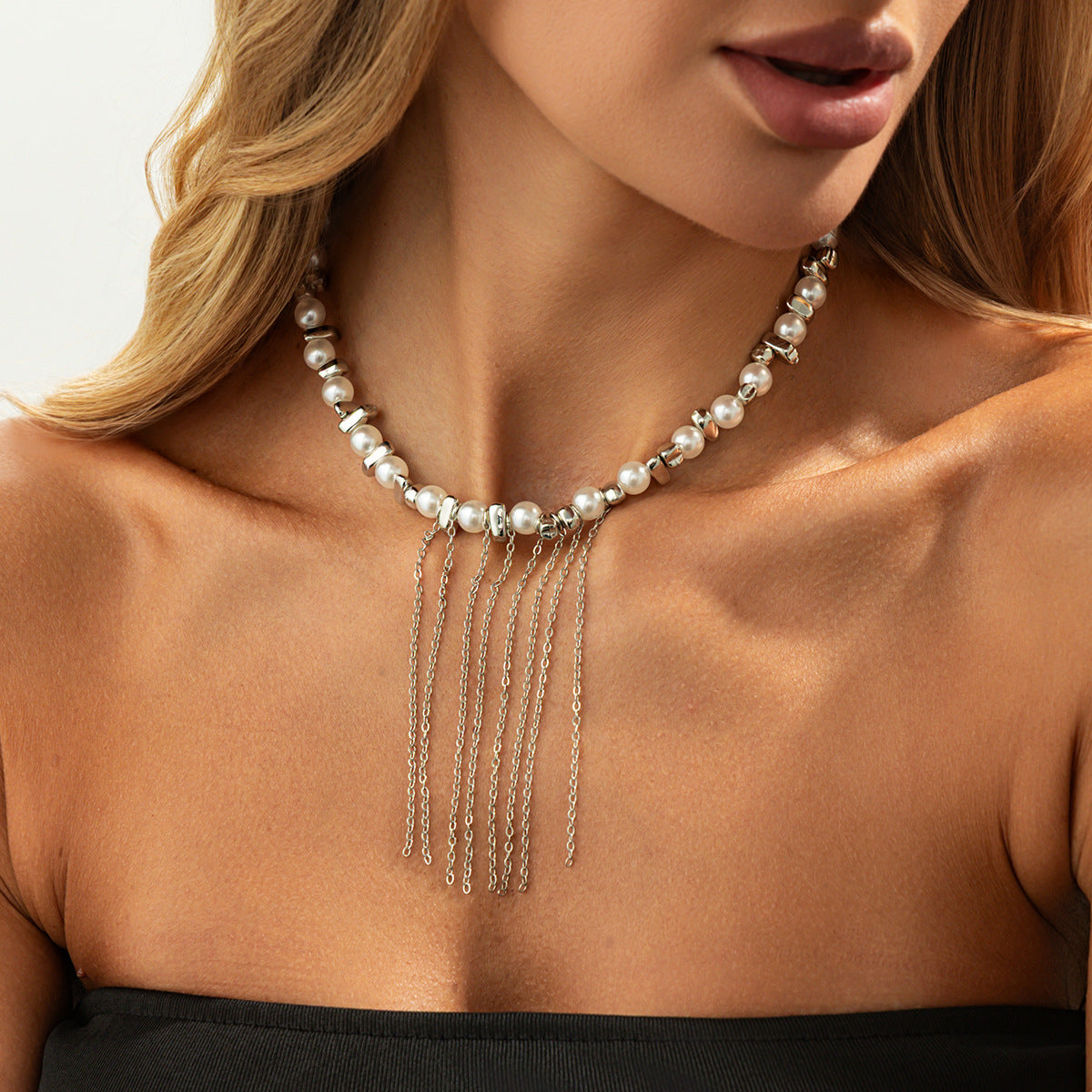 Irregular Pearl Chain Fringe Necklace