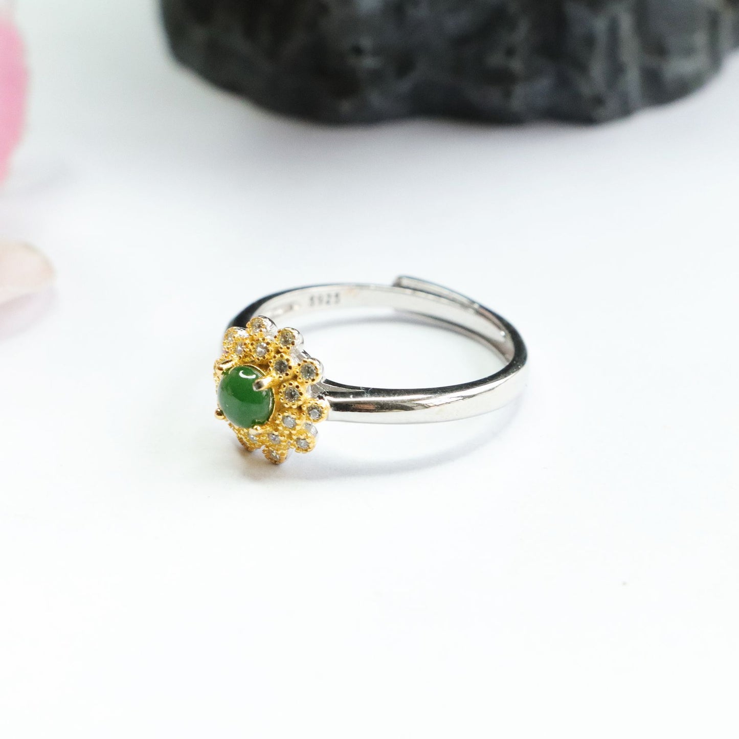 Ice Emperor Green Jade Sterling Silver Ring with Golden Daisy