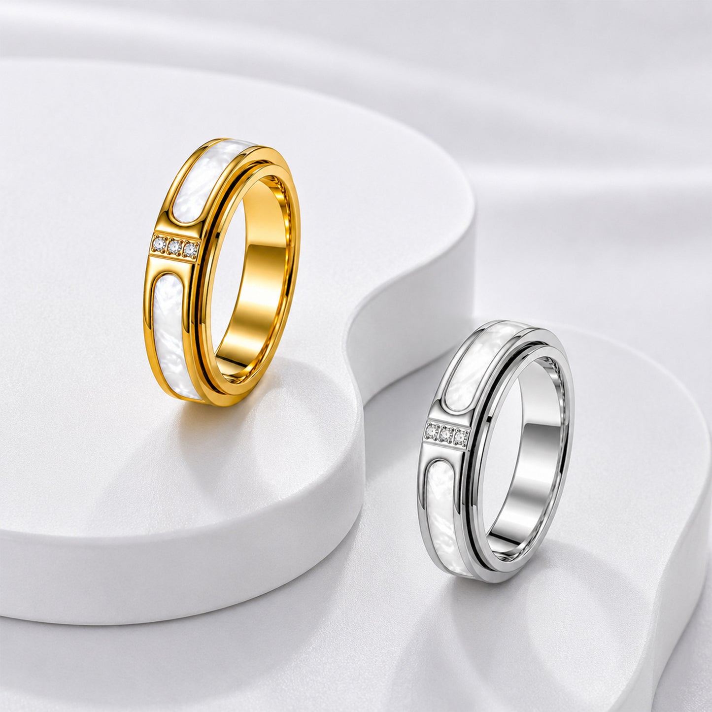 Planderful Everyday Genie Stainless Steel Rotatable Ring With White Mother Of Pearl Inlay Zircon Unisex Couple Jewelry