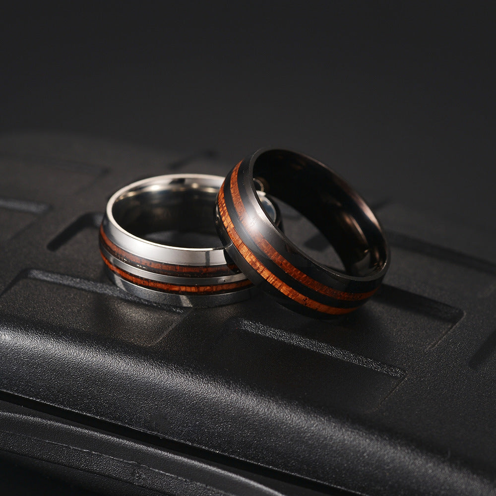 304 Stainless Steel Acacia Wood Inlaid Double Slot Ring for Men