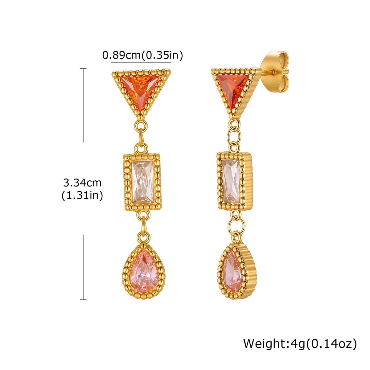 Multicolor Crystal Geometric Drop Earrings — Gold Pair