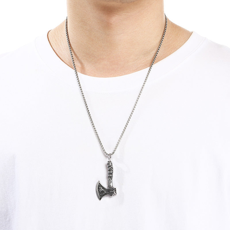 Nordic Viking Wolf Pattern Battle Axe Pendant – Punk Style Axe Amulet Titanium Steel Necklace