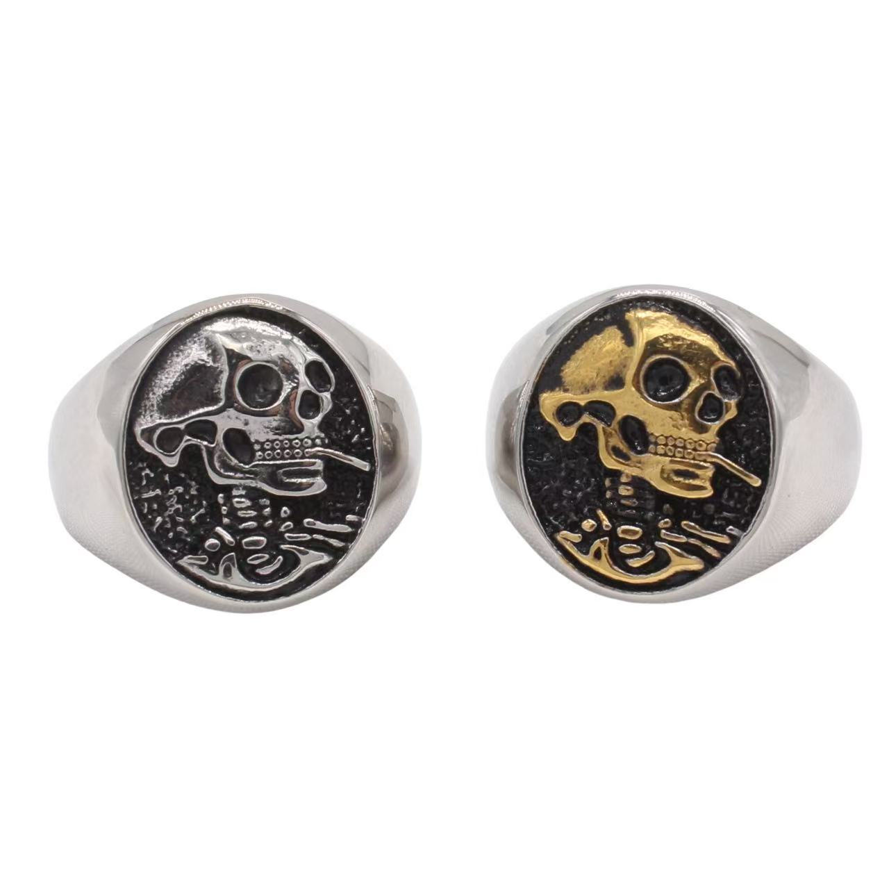 Planderful Jewelry Men's Vintage Smoking Skull Ring in Titanium Steel With Bold Craft